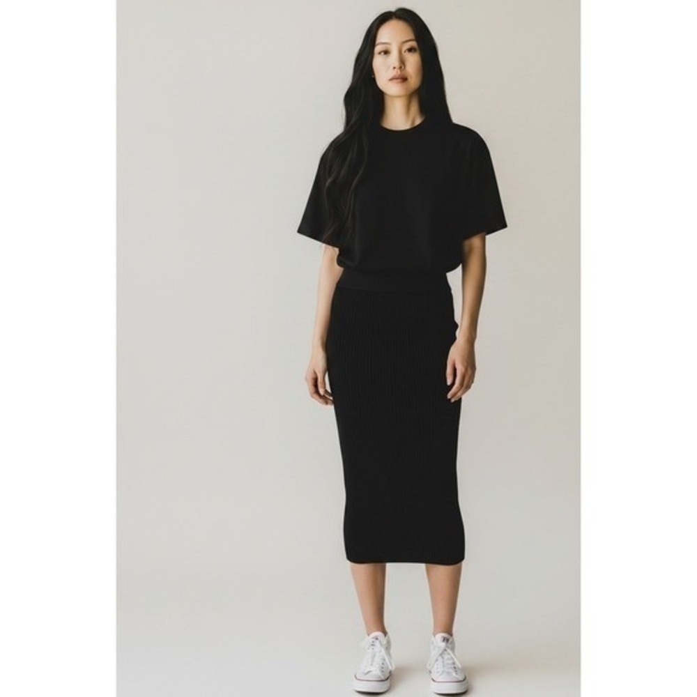 Herve Leger Skirt Women L Black Ribbed Knit Midi Bandage Pencil Skirt Elegant